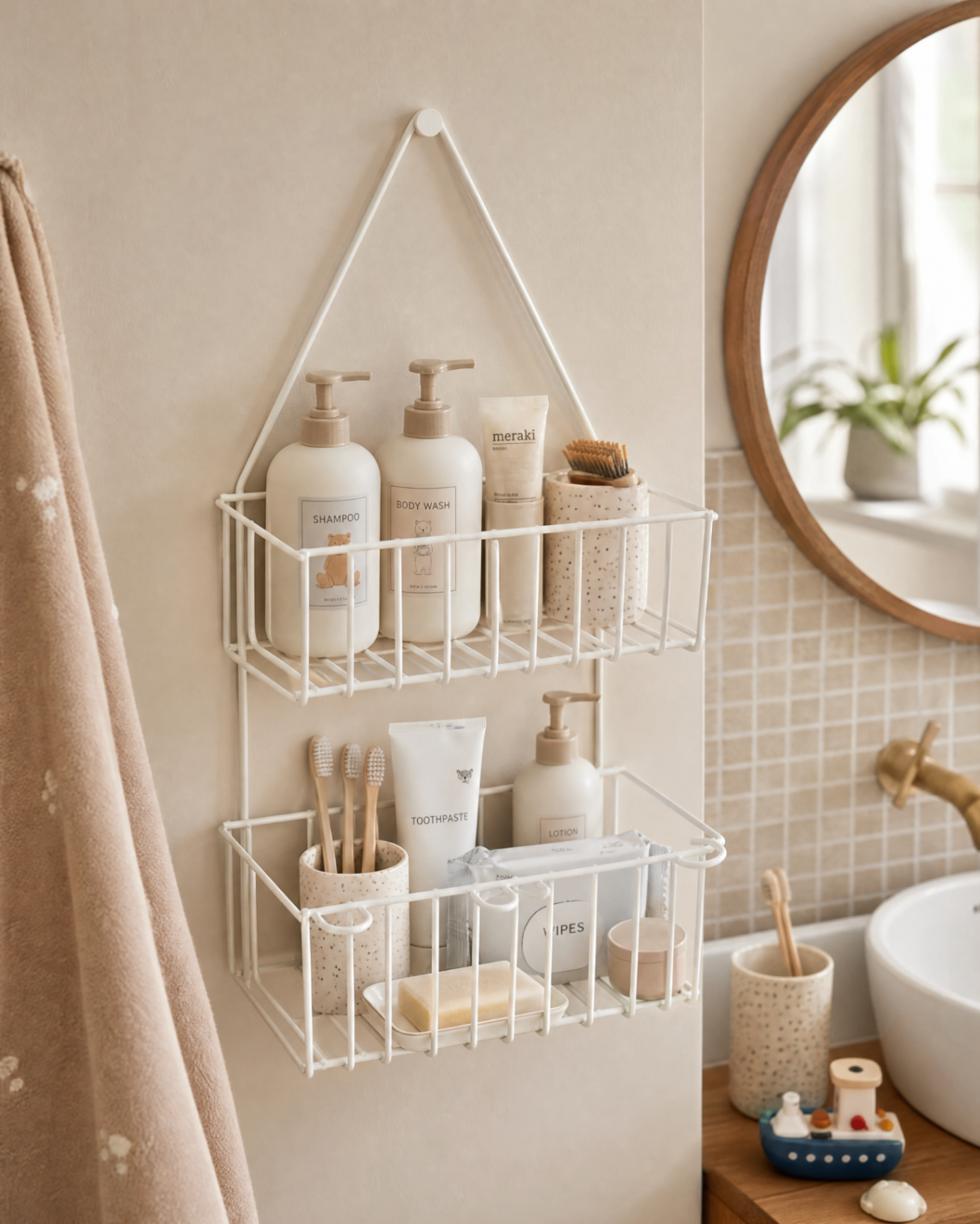 Organizador colgante GINLU en baño familiar con productos de higiene