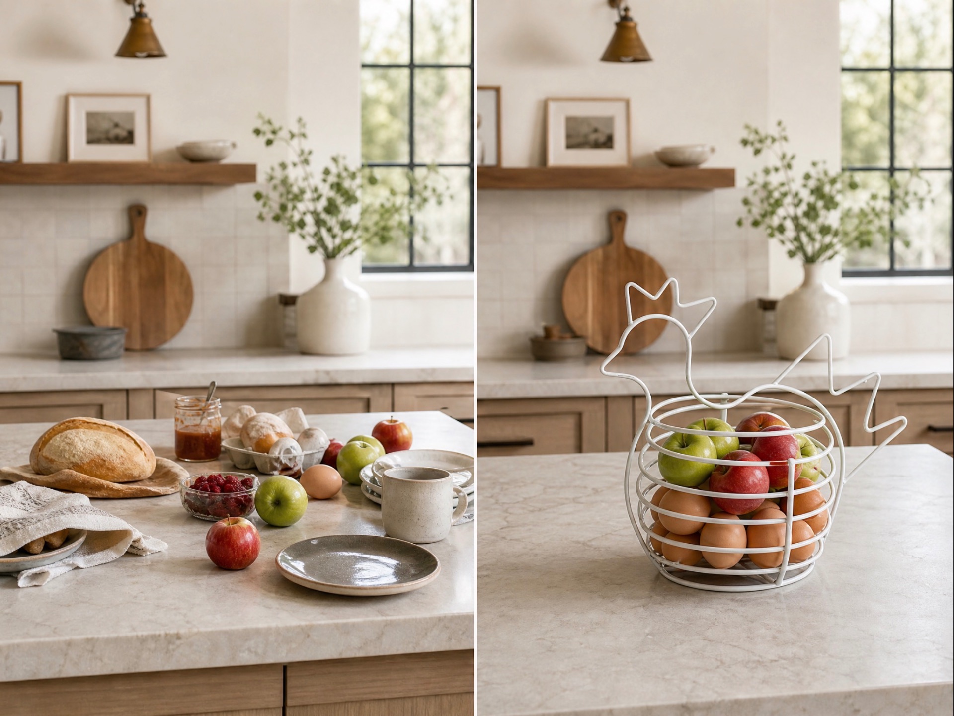 Antes y después: una cocina con frutas, pan y huevos dispersos, y la misma cocina organizada con la Gallina Multiusos GINLU