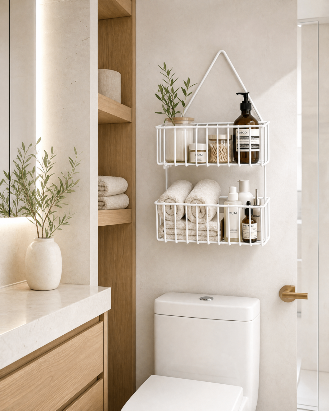 Organizador colgante GINLU con toallas enrolladas y productos de baño
