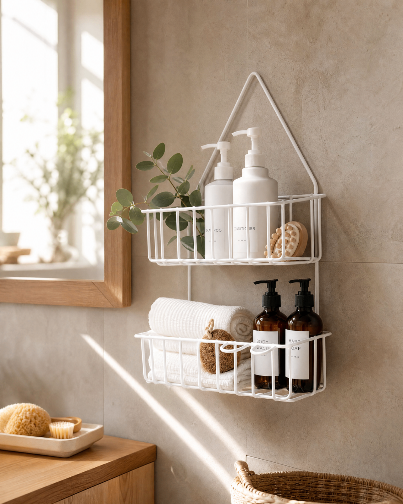 Organizador colgante GINLU en un baño minimalista con champú y toallas