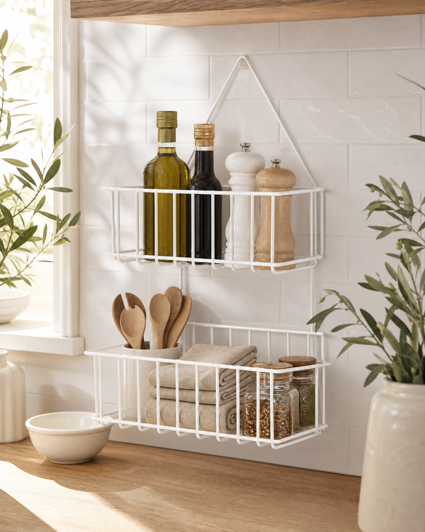Organizador colgante GINLU en cocina con aceites, especias y paños